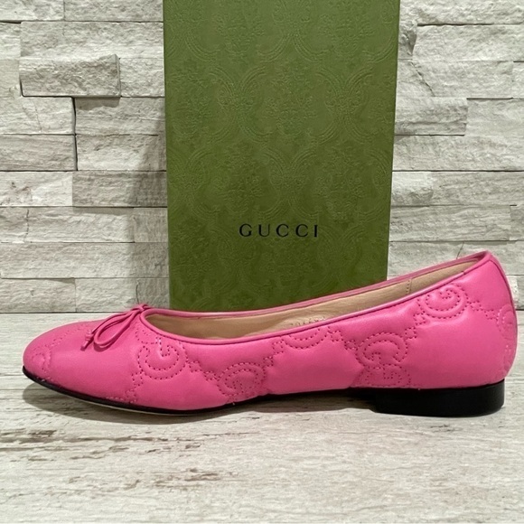 GUCCI Monogram Pink Quilted Matelasse Leather GG Bow Ballet Flats SZ 37.5 $920 - Picture 8 of 16